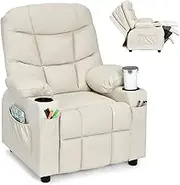 HONEY JOY Kids Recliner Chair with Cup Holder, Adjustable Leather Lounge Armchair w/Footrest Cup & Side Pockets, Toddler Upholstered Lounge Recliner for Boys Girls (Beige)