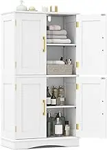 Giantex Bathroom Floor Storage Cabinet, 110 cm Freestanding Pantry Cabinet with 4 Doors and 2 Adjustable Shelves, Cupboard Cabinet for Kitchen, Living Room (White)