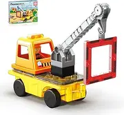 PicassoTiles Magnet Tile Building Blocks 3-in-1 Crane, Dump Truck, and Ladder Construction Vehicle Brick Compatible Magnetic Tiles Toy Set with Car Base Character Action STEM Learning Kit Age 3+ PTU03