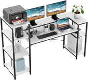 Large White Computer Desk with 4-Tier Storage Shelves and Monitor Shelf