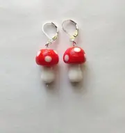 Red White Glass Mushroom Bead Dangle Earrings Handmade Silver Tone Leverback