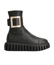 Viv' Go-Thick Metal Buckle Stretch Ankle Boots in Soft Leather 37.5,37,38.5,38 black