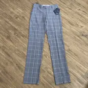 6-East Houston Blue Plaid Wool Flat Front Panel Pants Size 32W Made In Italy