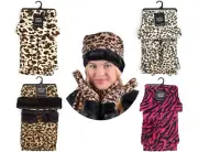 Ladies Hat Scarf & Gloves Sets Animal Print Fleece Matching Winter 3-Piece