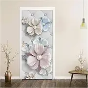 Door Stickers DIY 3D Pearl Flower Door Stickers Mural Living Room Decor PVC Self-Adhesive Waterproof Wallpaper Door Decals(95x215cm)