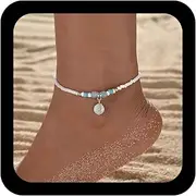 [Xduargs] Boho Beads Ankle Bracelet White Rice Beaded Bracelet Vintage Spiral Coin Dangle Ankle Chain Acrylic Bead Foot Chain Jewelry for Women, Adjustable, Zinc, no gemstone