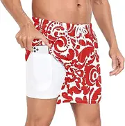 [GuoChe] Men's Swimming Shorts Men's 2 in 1 Workout Shorts Valentine's Day Floral Swirly Red with Pockets and Compression, Valentine's Day Floral Swirly Red, Large