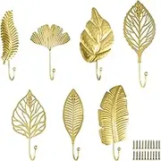 7pcs Leaves Wall Hooks for Hanging Heavy Duty, Gold Iron Decorative Hooks for Coat Towel Hat Wall Mount Hangers Racks for Bathroom, Kitchen, Door, Farmhouse (Include Screws)