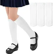 [ZERULETS] Girls School Uniform Socks Knee High Long Socks Kids Dress Black White Cotton 3/6 Pairs 1-14 Years