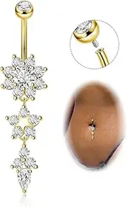 [Masedy] Pure Titanium Dangle Belly Button Rings for Women Internally Thread Curved Barbell Belly Rings Dangling Navel Rings CZ Flower Navel Piercing Jewelry 6-16mm
