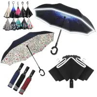 在飛比找momo購物網優惠-【樂邦】雙層C型反向雨傘+反光反向三折雨傘(夜間反光)
