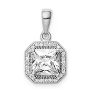 Sterling Silver Rhodium Plated Clear Cz And Square Pendant