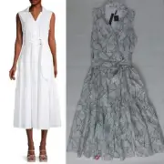 NWT ELIE TAHARI 100% Linen Tropical Leaf Print Tiered Midi Shirt Dress sz L $395