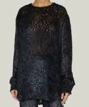 $1170 Dries Van Noten Women's Black Flocked Chado Semi-Sheer Shirt Top Size S