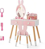 HONEY JOY Kids Vanity Set, Girls Vanity Set with Mirror and Stool, 2 Large Drawers, Storage Shelf, Wooden Princess Makeup Dressing Table, Pretend Play Vanity Table and Chair Set for Toddlers (Pink)