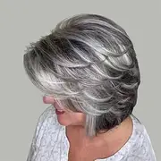 Short Dark Gray Bob Wigs Wavy Layered Bob Wig with Curtain Bangs for Women Synthetic Highlight Sliver Ombre Grey Bob Wig Pixie Cut Wig Gray Hair Wigs for Women
