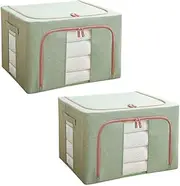 INONE Foldable Fabric Storage Box with Crushed Steel Frame, 100L Clothes Storage Box - Durable Clothing & Closet Storage, Blanket/Quilt/Toy Organiser, Storage Containers for Linen Closet (2PCs Green)