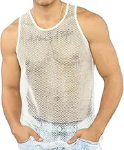 [VgueElegc] Men's Fish Net Mesh Fitted Tank Tops Fishnetted Sleeveless T-Shirt Fishnet Fitted Tank Tops for Men