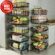 6-Tier Kitchen Storage Baskets Black Iron Wire Stackable Bins w/ Wheels & Feet