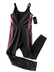NWT Move Theology Womens Black/Purple Colorblock Bodysuit w/ Built In Bra MEDIUM