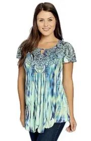 One World Size Small Micro Jersey Printed Flutter Sleeve Embellished Keyhole Top