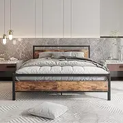 VERFARM Queen Size Bed Frames with Wood Headboard and Footboard,Heavy Duty Platform Bed Frame with Storage No Box Spring Needed Queen Mattress Foundation,Strong Steel Slats,Noise Free,Brown