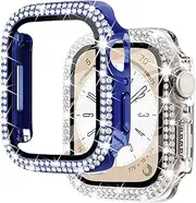 [NewWays] 2-Pack for Apple Watch Bling Cases Screen Protector 45mm Series 7 8 9, Bling Crystal Diamonds Rhinestone Bumper Hard PC Thin Protective Cover for iWatch, Blue/Clear