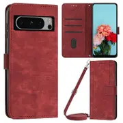 For Google Pixel 8 Pro Lines Imprinted Leather Case Stand Wallet Phone Cover with Shoulder Strap