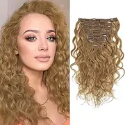 Caliee Natural Curly Clip in Hair Extensions Natural Wave 16inch 120gram Real Remy Thick Human Hair Wavy Curls Strawberry Blonde Color #27 Full Head 7Pieces 17Clips Per Pack