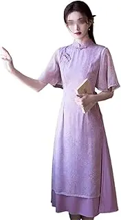 [HYJHHY] Purple Improved Ao Dai Vietnamese Dress for Women Summer Long Temperament Qipao Double Layer Slit Chinese Traditional Dress Evening Party