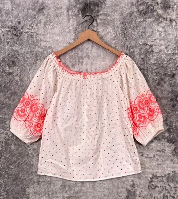 New Sezane Top 38 / US Medium Women Polka Dot Embroidered Linen Off The Shoulder