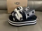 UGG Disco Marble Slide Black Fur Platform Slippers Womens Size 11 NEW*