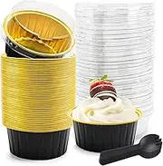 NPLUX 5 OZ Mini Loaf Pans with Lids Small Cake Containers Baking Cups for Pudding Souffle Party Wedding Birthday (50 Pack, Black Gold)