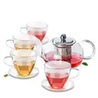 Tea Set - 625ml Heat Resistant Glass Teapot +4x Sets of Tea Cups & Saucers