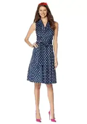 NEW ANNE KLEIN COTTON NAVY BLUE WHITE POLKA DOTS FIT AND FLARE DRESS SIZE 12 $99
