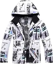 [UFROGE] Men and Women Snowboard Jacket, Winter Windproof Warm Wear Printed High Collar Hooded Ski Jacket, for Outdoor Snow Sports Waterproof Zip Snow Coat (Color : Colour1, Size : 3X-Large)