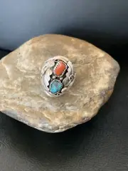 Mens Kingman Turquoise & Coral Feather Navajo Sterling Silver Ring Size 10 12218