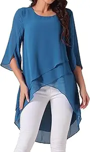 [Seta T] Women's High Low Tops Scoop Neck Chiffon Blouse Asymmetrical Loose Shirt 3/4 Sleeve Casual Summer Tops