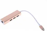 KONTONTY Gigabit Ethernet Adapter Type-C to USB Hub 3X USB 3.0 Ports Hot-Swap Support No Driver Needed Gold Finish