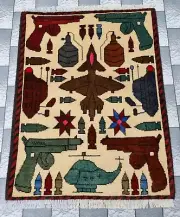 Hand Afghan Knotted Weapon War Rug Design Pictorial Baluchi Wool Area War Rug