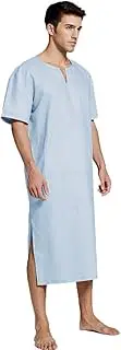 [XUEMML] Men's Cotton Nightshirt Short Sleeves Sleep Shirt Nightgown V Neck Short Sleeve Loose Comfy Long Big & Tall Pajamas (Color : Light Blue, Size : XL)