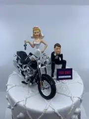 Bride and Groom w/Harley Davidson Fat Boy Motorcycle Funny Wedding Cake Topper