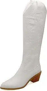 [Smilice] Women Slip on Long Boots Embroidered Cowboy Boots Knee High Boots with Block Heel