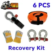 6 Piece Winch Recovery Kit Snatch Strap Hitch Receiver Bow Shackles Gloves 4WD