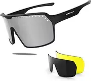 [HAAYOT] Polarized Cycling Glasses,Sports Sunglasses for Men Women,Baseball Running Fishing Biking Sunglasses with 3 Lenses Black Silver