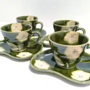 Kurajin Kiln Oribe Ware Cup Saucer Coffee Small Plate Hanabaki Camellia