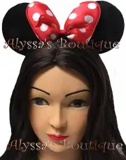 Minnie Mouse Ears Headband Black Red Polka Dot Bows Mickey Birthday Party Cute