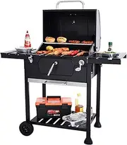 Outdoor Grill Large Charcoal BBQ Trolley Backyard Garden Smoker Grill with Stand Side Table On Wheels Built-in Thermometer