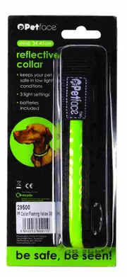 Collar Flashing Yellow Reflective - SML - 34 - 41cm - Dog Collar - Safety Collar