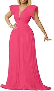 [GHAKKE] 2025 Women's Ruffle Cap Sleeves Elegant Party Jumpsuits Sexy Deep V Neck Pleated Hem Flowy Wide Leg Long Pants Rompers